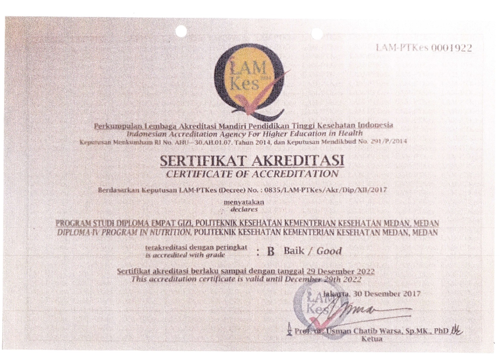 Sertifikat Akreditasi Prodi D-IV Gizi yang dikeluarkan oleh LAMPTKes